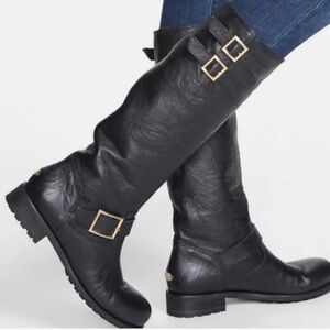 Jimmy Choo Black Yule Leather Tall Moto Biker Buckle Riding Boots 36.5 US 6.5